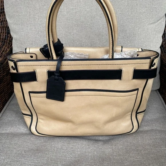REED KRAKOFF Beige with Black Trimmed Leather "Boxer" Tote Bag. - Picture 7 of 16